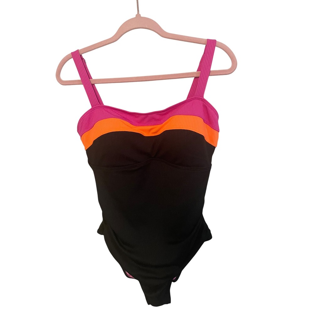 Womens Ribbed Colorblock One Piece Swimsuit Black Pink Orange Size L